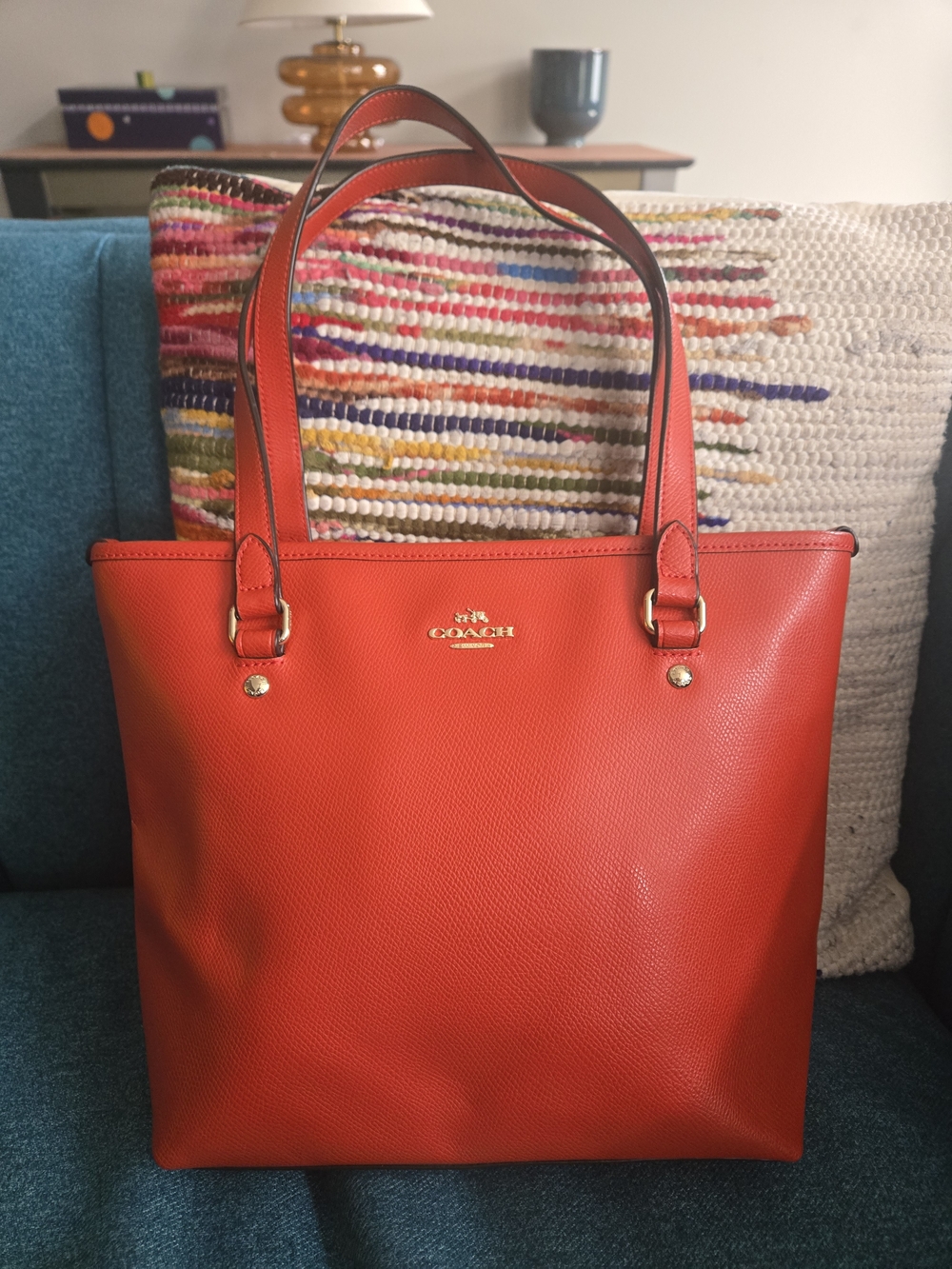 Coach Crossgrain Leather Tote Bag – Orange Red | Gold Hardware